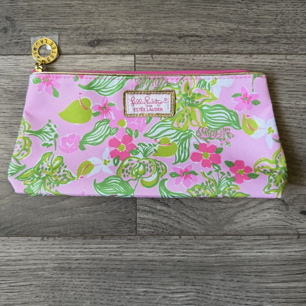 Lilly Pulitzer x Estee Lauder Small Makeup Cosmetic Bag‎ Pink Floral Palm NWOT